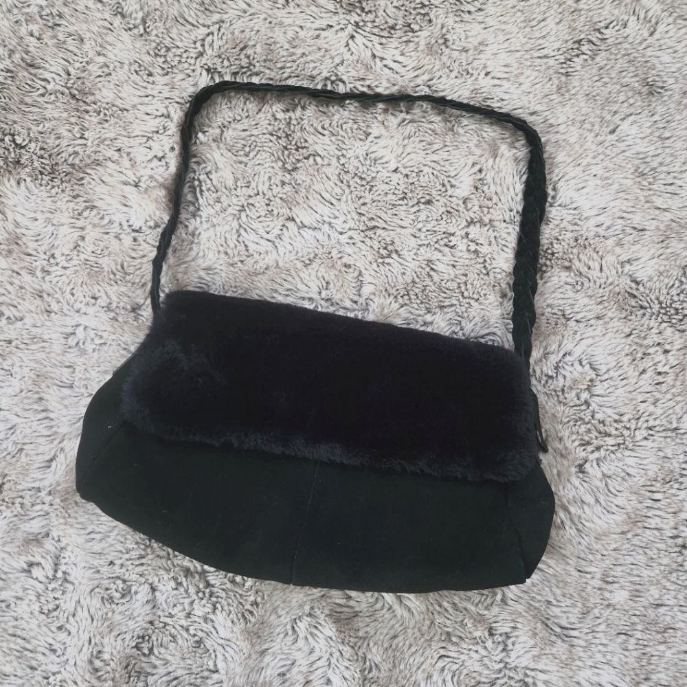 dennis basso Faux Fur Shearling Trim Suede‎ Braided Strap Shoulder Bag Black